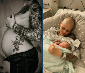 Auf dem linken Bild sieht man Linda in ihrer Schwangerschaft. Rechts sieht man sie mit ihrem Sohn.