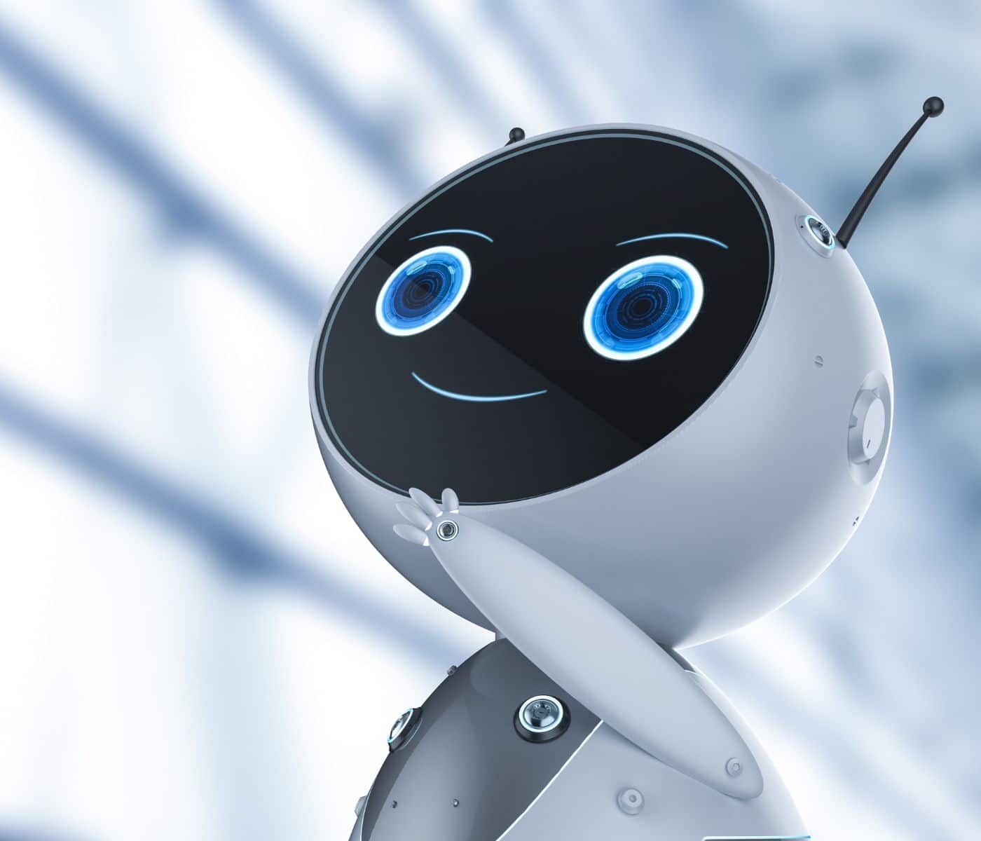 Symbolbild: Roboter in der Pflege:Roboter, der ein schwarzes Gesicht hat und große blaue Augen und schräg nach links oben guckt