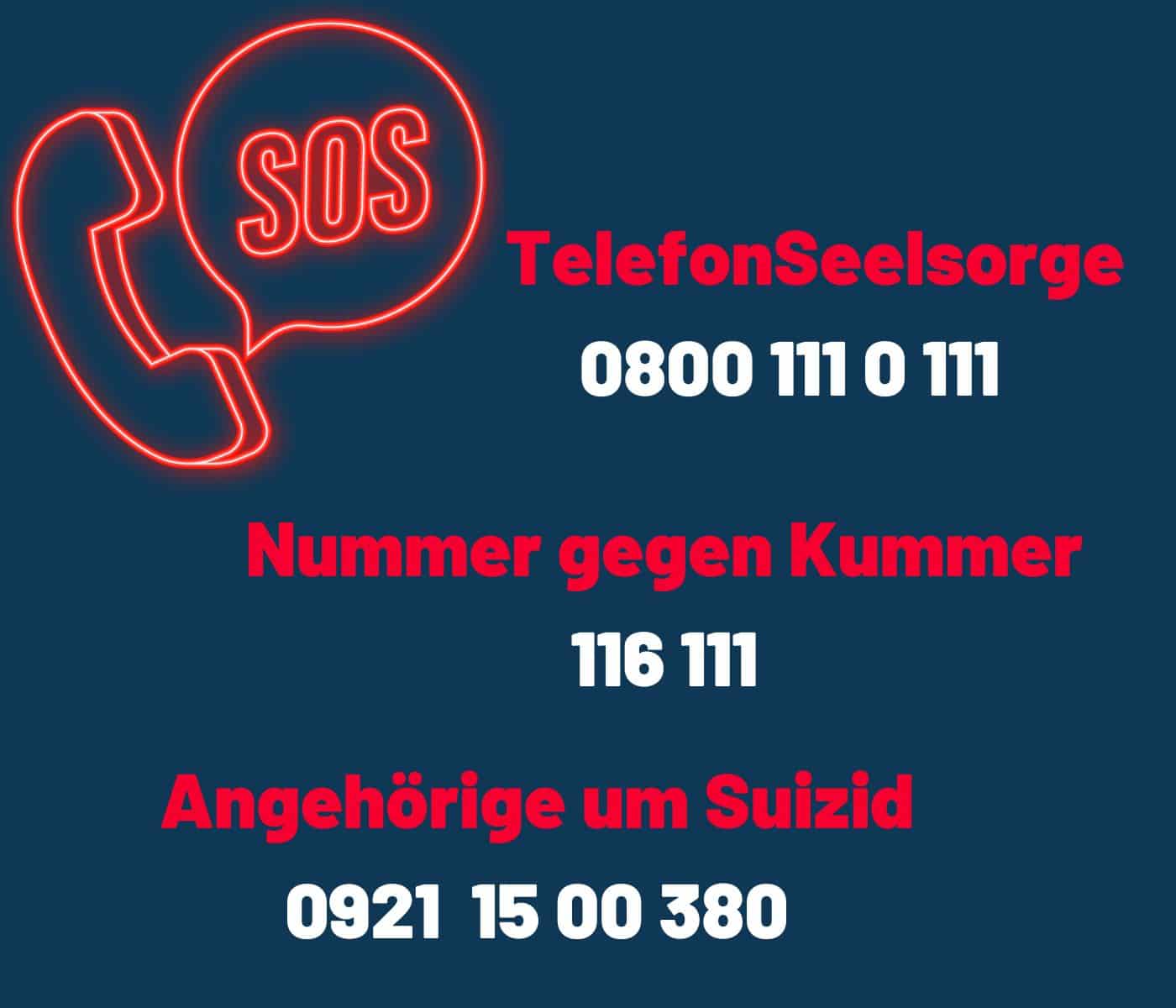 Symbolbild: Notrufnummern: Nummer der TelefonSeelsorge, Nummer gegen Kummer und Nummer für Angehörige um Suizid
