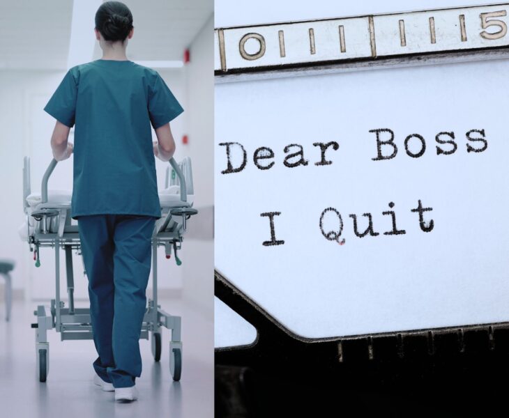 Symbolbild: Pflegekräfte kündigen wegen schlechter Führung: Pflegerin von hinten zu sehen, die gerade ein Krankenbett durch den Flur schiebt, in der rechten Bildhälfte sieht man den Ausschnitt eines Textes, der mit der Schreibmaschine geschrieben wurde und besagt "Dear Boss I Quit"