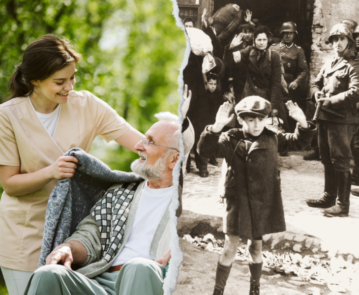 Symbolbild: Pflege in Zeiten des Nationalsozialismus: Links ist eine Pflegekraft mit einem Senior im Rollstuhl zu sehen, rechts ein Schwarz-Weiß Bild, auf dem ein kleiner Junge steht inmitten zerstörter Häuser