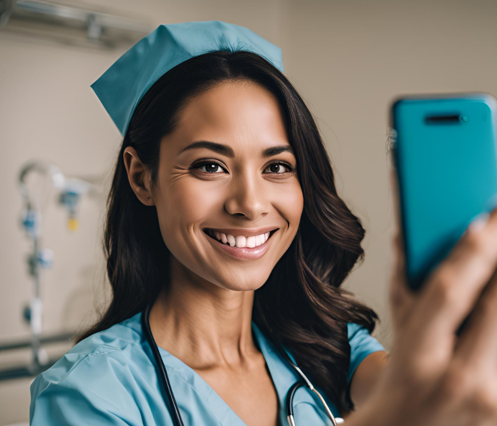 Amerikanische Pflegekraft hält ein Smartphone in der Hand und macht ein Selfie im Krankenhaus