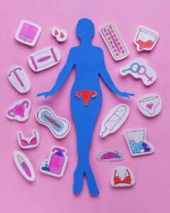 Illustration einer blauen Frauenfigur mit gezeichneter Gebärmutter auf rosa Hintergrund, umgeben von Symbolen rund um Menstruation und weibliche Gesundheit – z. B. Binden, Tampons, Pille, Unterwäsche und Hygieneprodukte.